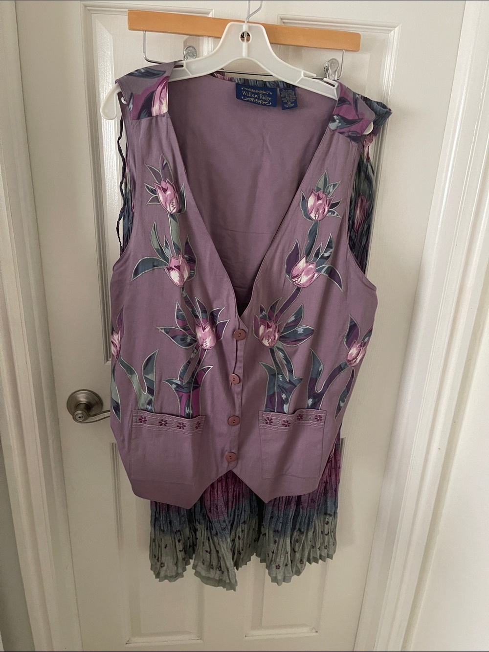 Lavender Floral Embroidered Button Vest with matching crinkle skirt.